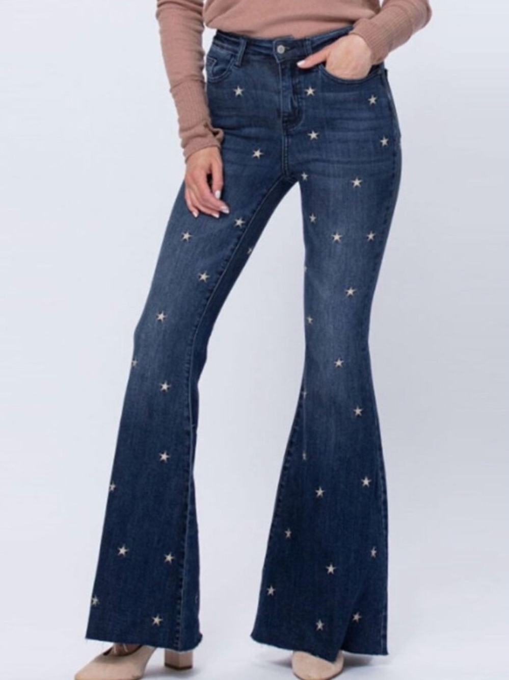Judy Blue Star Embroidered Super Flare Jeans High Rise Raw Hem Size 30 Western